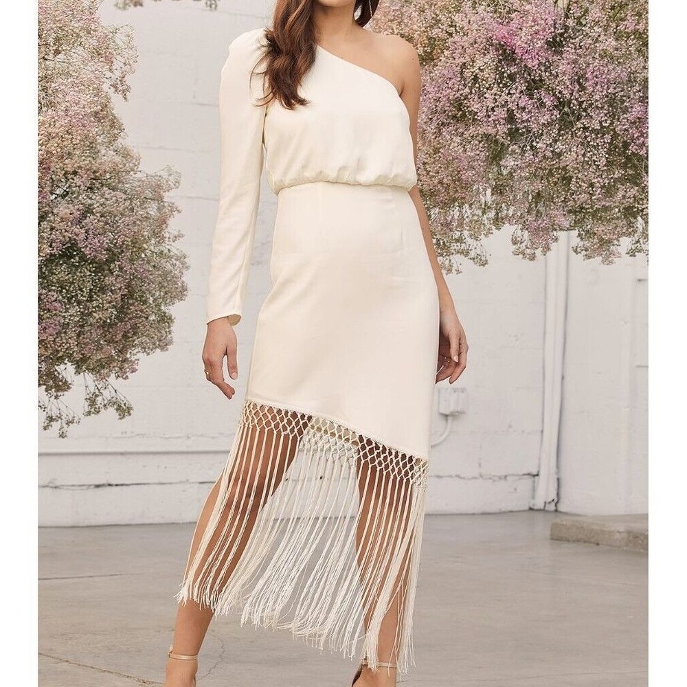 Lulus White Love at Dusk Cream One-Shoulder Asymmetrical Fringe Midi Dress